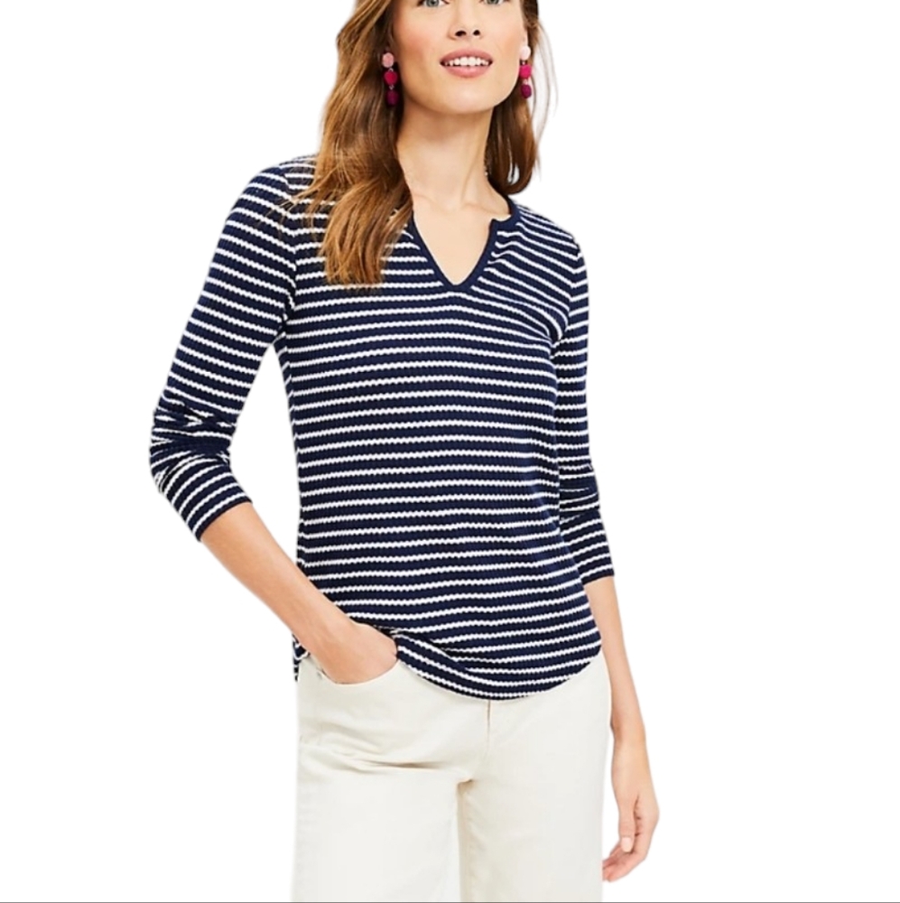 Loft Striped Waffle Split Neck Tee